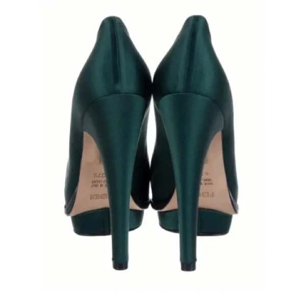 Fendi Hunter Green Satin Deep Platform Heels - Picture 3 of 11